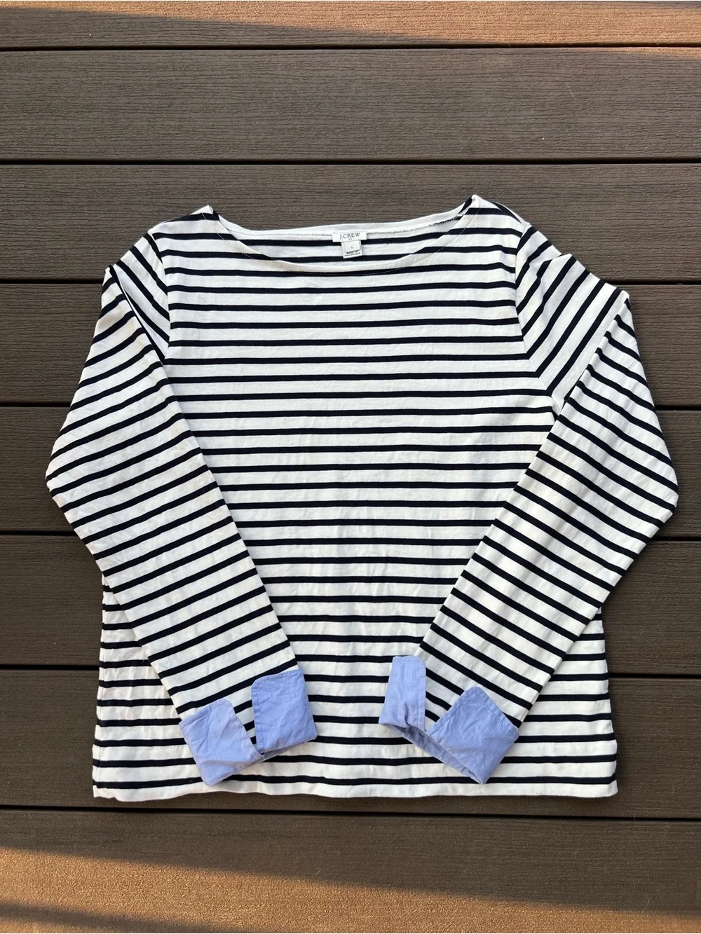 J. Crew Navy and White Striped Long-Sleeve Tee with Light Blue Chambray Cuffs
